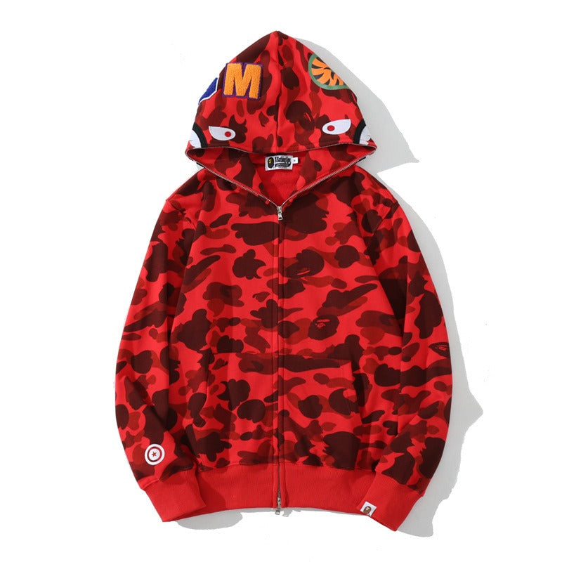 Mens Shark Camouflage Hooded Cotton Terry Zip Cardigan Jacket