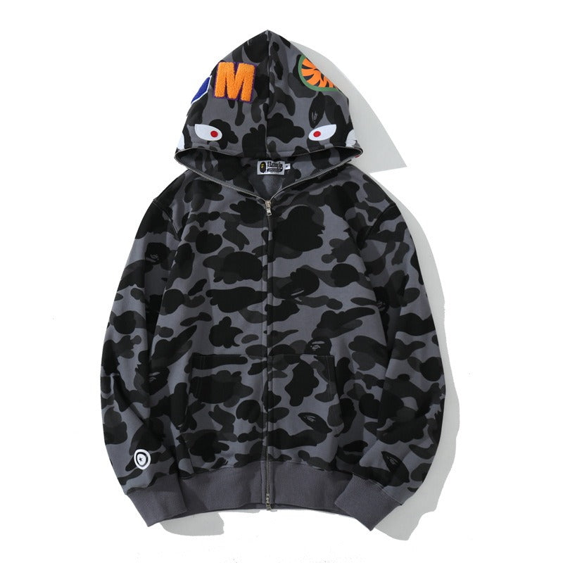Mens Shark Camouflage Hooded Cotton Terry Zip Cardigan Jacket