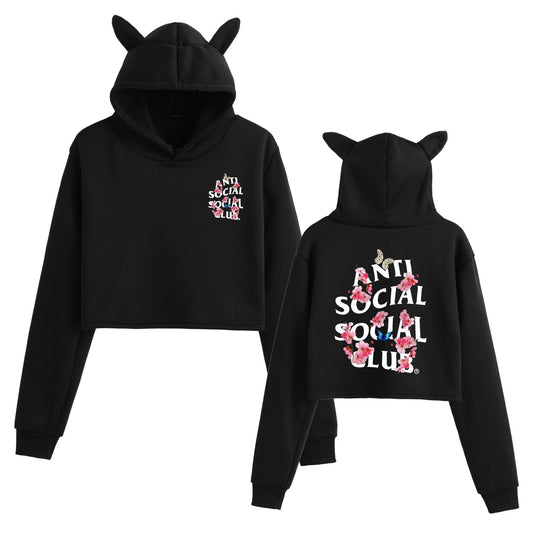 Floral Print Long Sleeve Hooded Crop Top Loose Fit Womens Sweatshirt