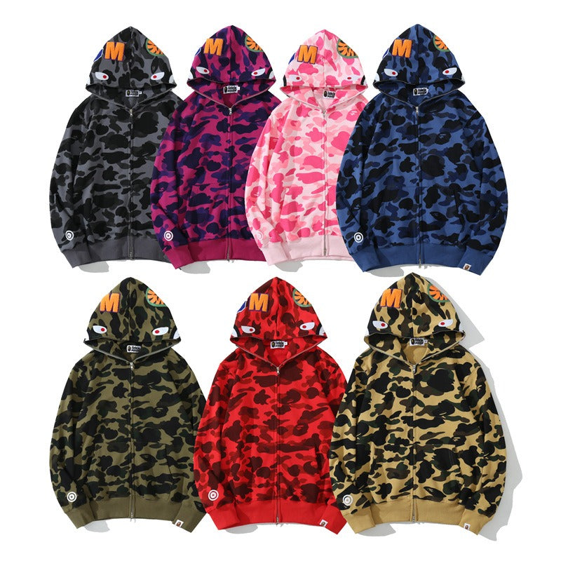 Mens Shark Camouflage Hooded Cotton Terry Zip Cardigan Jacket