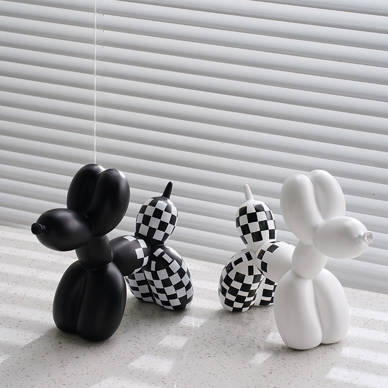 Black And White Plaid Balloon Dog Resin Ornament for Living Room Decor
