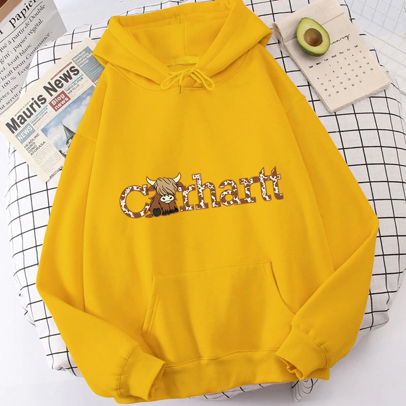 Womens Cow Print Hoodie Loose Fit Long Sleeve Casual Pullover Sweatshirt