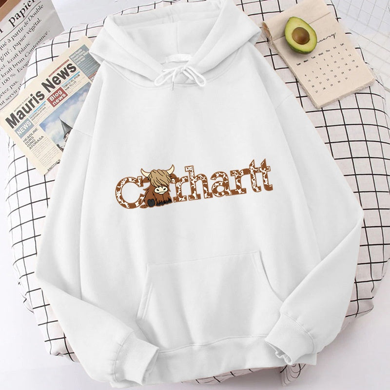 Womens Cow Print Hoodie Loose Fit Long Sleeve Casual Pullover Sweatshirt