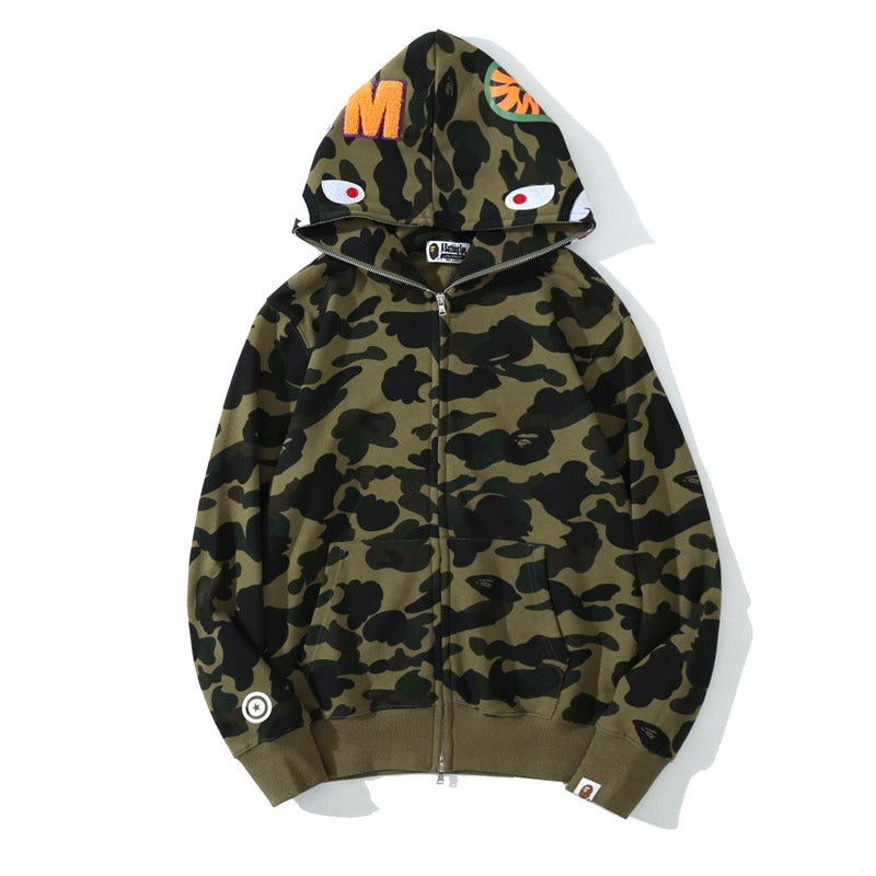 Mens Shark Camouflage Hooded Cotton Terry Zip Cardigan Jacket