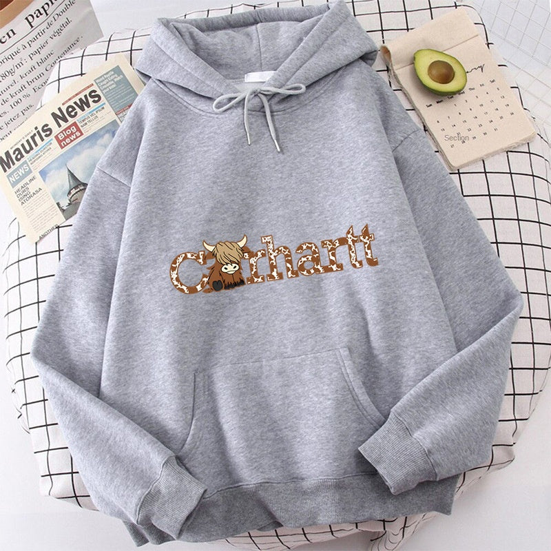 Womens Cow Print Hoodie Loose Fit Long Sleeve Casual Pullover Sweatshirt
