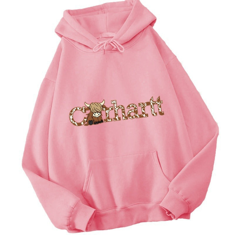 Womens Cow Print Hoodie Loose Fit Long Sleeve Casual Pullover Sweatshirt