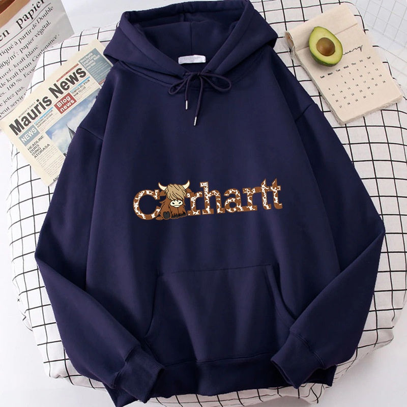 Womens Cow Print Hoodie Loose Fit Long Sleeve Casual Pullover Sweatshirt
