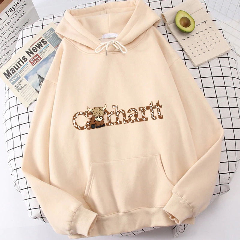 Womens Cow Print Hoodie Loose Fit Long Sleeve Casual Pullover Sweatshirt