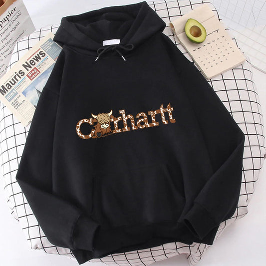 Womens Cow Print Hoodie Loose Fit Long Sleeve Casual Pullover Sweatshirt