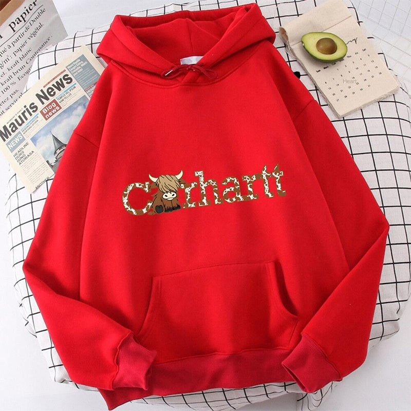 Womens Cow Print Hoodie Loose Fit Long Sleeve Casual Pullover Sweatshirt