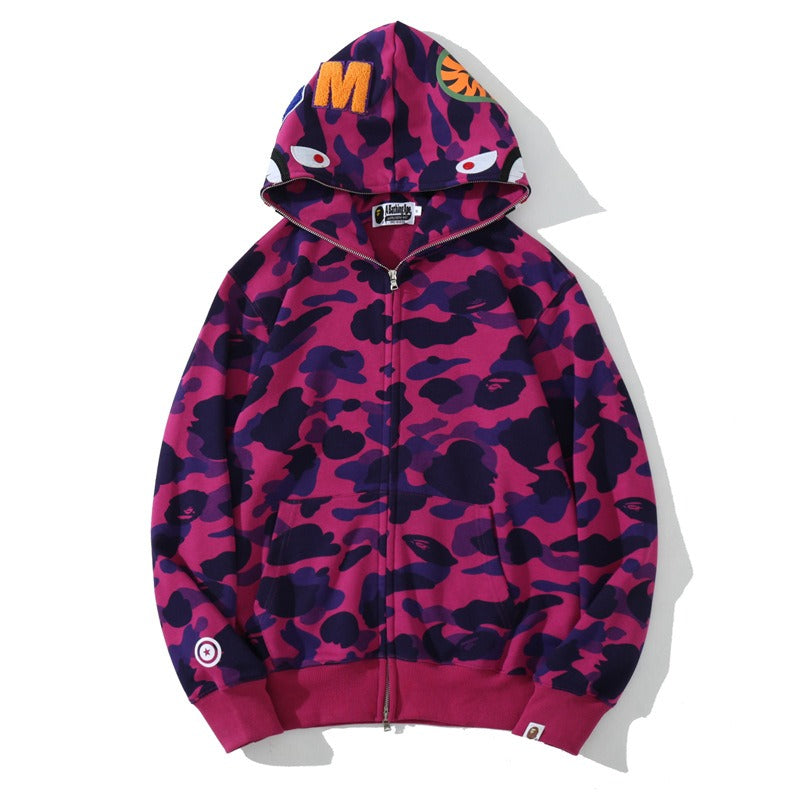 Mens Shark Camouflage Hooded Cotton Terry Zip Cardigan Jacket