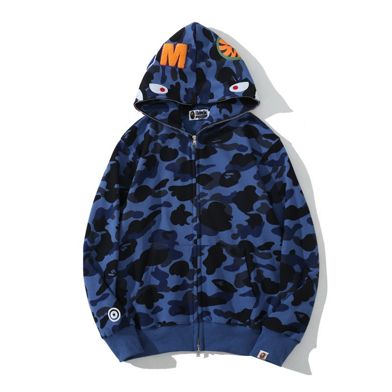Mens Shark Camouflage Hooded Cotton Terry Zip Cardigan Jacket