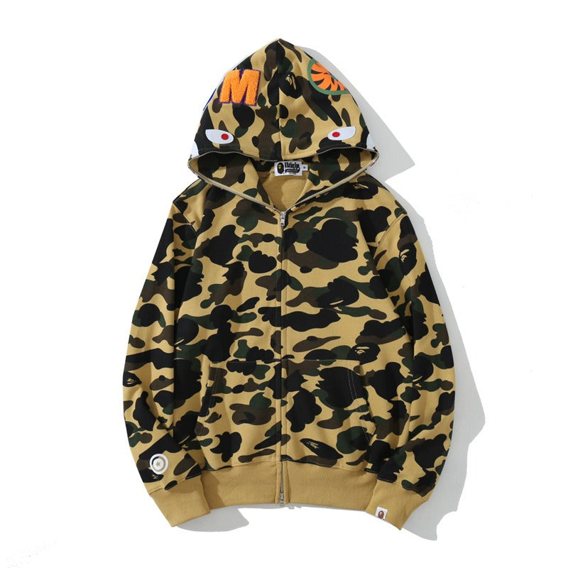 Mens Shark Camouflage Hooded Cotton Terry Zip Cardigan Jacket