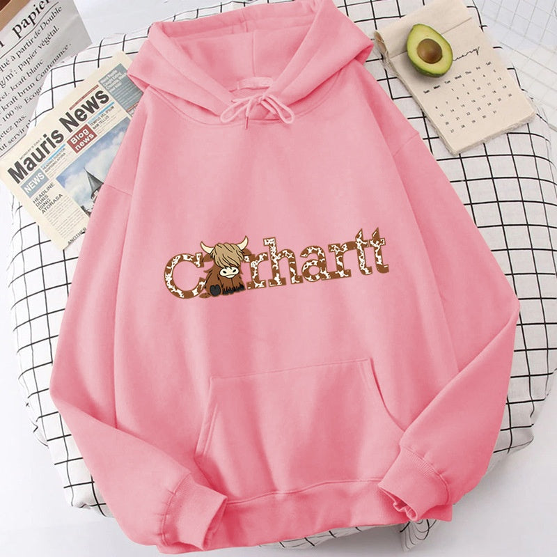 Womens Cow Print Hoodie Loose Fit Long Sleeve Casual Pullover Sweatshirt