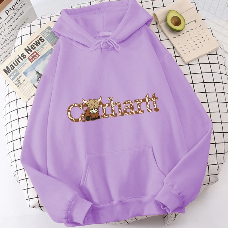 Womens Cow Print Hoodie Loose Fit Long Sleeve Casual Pullover Sweatshirt